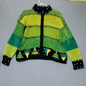 Lisa Nichols colorblock Christmas tree full zip cardigan sweater. Size large
